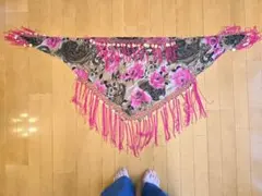ヒップスカーフ　ベリーダンス 　ピンクバラ 花柄 フリンジ付き