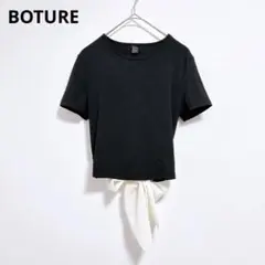 【 Boture 】Tシャツ　半袖　リブ素材 　黒　後ろリボン バックオープン