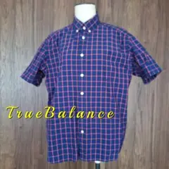True Balance ネイビー チェック ボタンダウン 半袖シャツ L