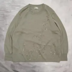 昭和レトロ 花刺繍入り ニット トップス ボタニカル ピスタチオ グリーン