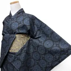 大島紬　未着用　小紋　藍染　動物紋　花紋　着物　012b p ms