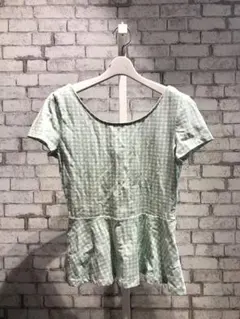 ミントグリーン ギンガムチェック ペプラムTシャツ