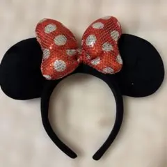 ディズニー　カチューシャ ミニーマウス　水玉リボン　赤　スパンコール