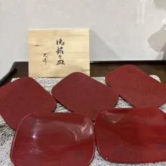 漆器 赤い花模様の皿 5枚セット 木箱付き