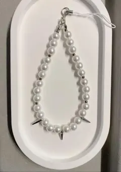 【No.55】スマホストラップ　パール　シルバー