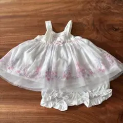 メッゾピアノ　ホワイト刺繍フリルドレス　パンツ付き　レース　ピンク　女の子　80