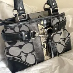 COACH コーチ ハンドバッグ ハンプトンズ シグネチャー パイソン柄　黒
