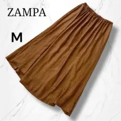 【ZAMPA】ザンパ　フレアロングスカートMブラウン光沢感　プリーツ風ストライプ
