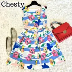 美品✨チェスティ 花柄 フレアワンピース タック有 ノースリーブワンピース 0