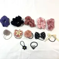 女の子ヘアアクセまとめ売り12点セット シュシュ5個＋ヘアゴム7個 キッズ 女児