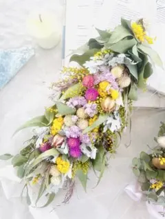 スワッグ　縦長スワッグ　横長スワッグ　リース　ミモザ　ラナンキュラス バラ