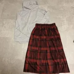 グレー フード付きトップス 赤黒チェック スカートセットアップ