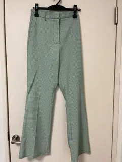 緑色 千鳥柄 フレアパンツ