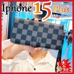 手帳型　チェック柄 PUレザー　 耐衝撃 アイホン15プラスカバー　ブラック