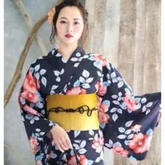◆ノー皺加工最高級カルキュロ◆変わり織り◆紺地紅椿の花々古典浴衣◆しわにならない