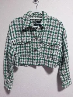 ZARAテクスチャージャケット　ツイード　グリーン