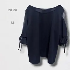 イング ブラウス 五分袖 リボン カットソー 袖われ きれいめ ネイビー M