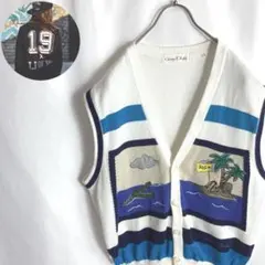 古着 コットンニットベスト キャラ刺繍 ワニ かわいい ホワイト白色M
