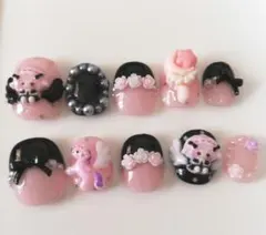 現品ネイル　ゆめかわ　キラキラ　ピンク　ブラック　ひつじ　ファンシー　姫ロリ