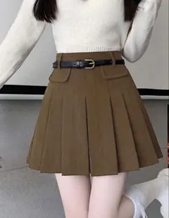 ブラウン プリーツスカート ベルト付き