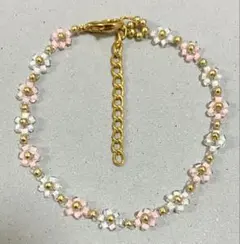 <F8-D> ピンク　ホワイト　ゴールド　お花のブレスレット