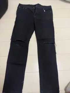 DIVINER ダメージ加工 ブラックデニムパンツ スリムフィット