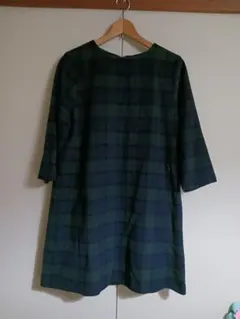 美品 ゴールデンベア チェック柄ウール混ワンピース LL紺×緑バックジップ