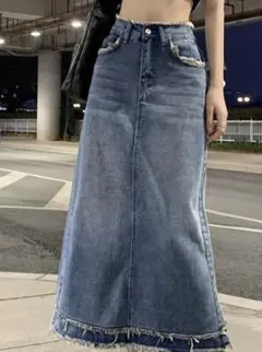 デニム ロングスカート フリンジ加工