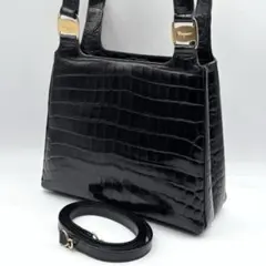 フェラガモ　2way ハンドバッグ　ショルダー　クロコ型押し　ブラック　ゴールド
