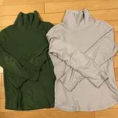 グリーン・グレー タートルネック長袖Tシャツ 2枚セットS