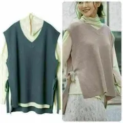 サイドリボン　ブルー　ニット　ベスト　レディース　トップス　秋