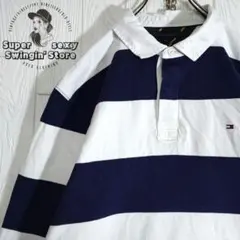 人気 トミーヒルフィガー 長袖 ラガーシャツ 2XL ネイビー ボーダー 古着
