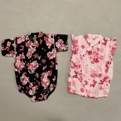甚平 2点セット 花柄 黒とピンク 80cm、70cm