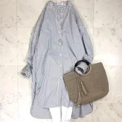 美品♪ヌキテパ コットンボイル ストライプ クルタワンピース ゆったり