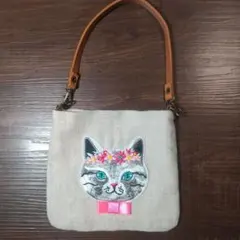 新品未使用★麻素材ハンドメイドねこ刺繍ワッペンミニバッグ