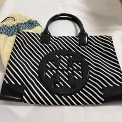 トリーバーチ エラ トートバッグ ネイビー A4可 ナイロン×パテント　ボーダー