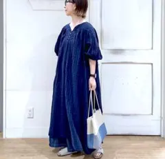 natural by clip✨シャドーストライプワンピース　綿麻　ロング　紺