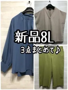 新品☆8L♪きれいめ3点まとめて♪ブラウス・ベスト・グリーンパンツ☆Q313