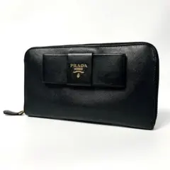 プラダ 長財布 ラウンドファスナー サフィアーノレザー リボン ブラック