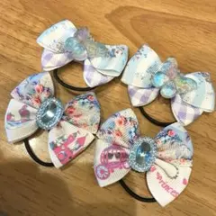 キラキラ蝶々　春カラー　水色系　カラフルリボンヘアゴム