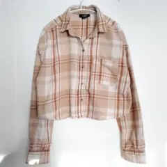 US古着 クロップド丈 茶チェック JustPolly ショート丈 ネルシャツS