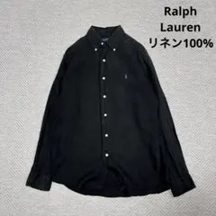 美品 ラルフローレン リネンシャツ ボタンダウン ブラック パープルポニー M