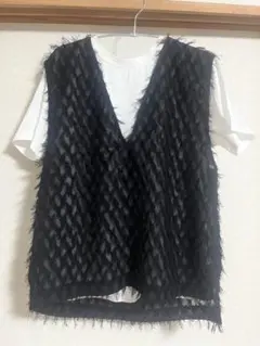 フリンジ付き黒ニットベストL