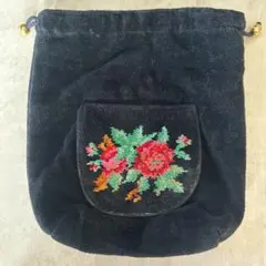 FEILER ブラック 花柄刺繍 巾着ポーチ