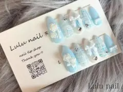 ◼️NO.2725　ネイルチップ　量産型ネイル　ツイード　水色　リボン　ハート