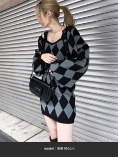 アーガイル柄 アンサンブルニットワンピース