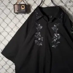 HARE ハレ フラワー刺繍 半袖シャツ レーヨン混ポリシャツ 黒 XL程のサムネイル