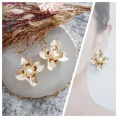 フラワー パール ゴールド ピアス イヤリング ハンドメイド