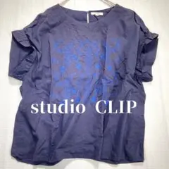 studio CLIP【M】半袖トップス 刺繍ブラウス ネイビー 綿100%