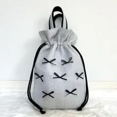 巾着バック風　上靴袋　【ブルーグレーヌビ×黒リボン】　女の子